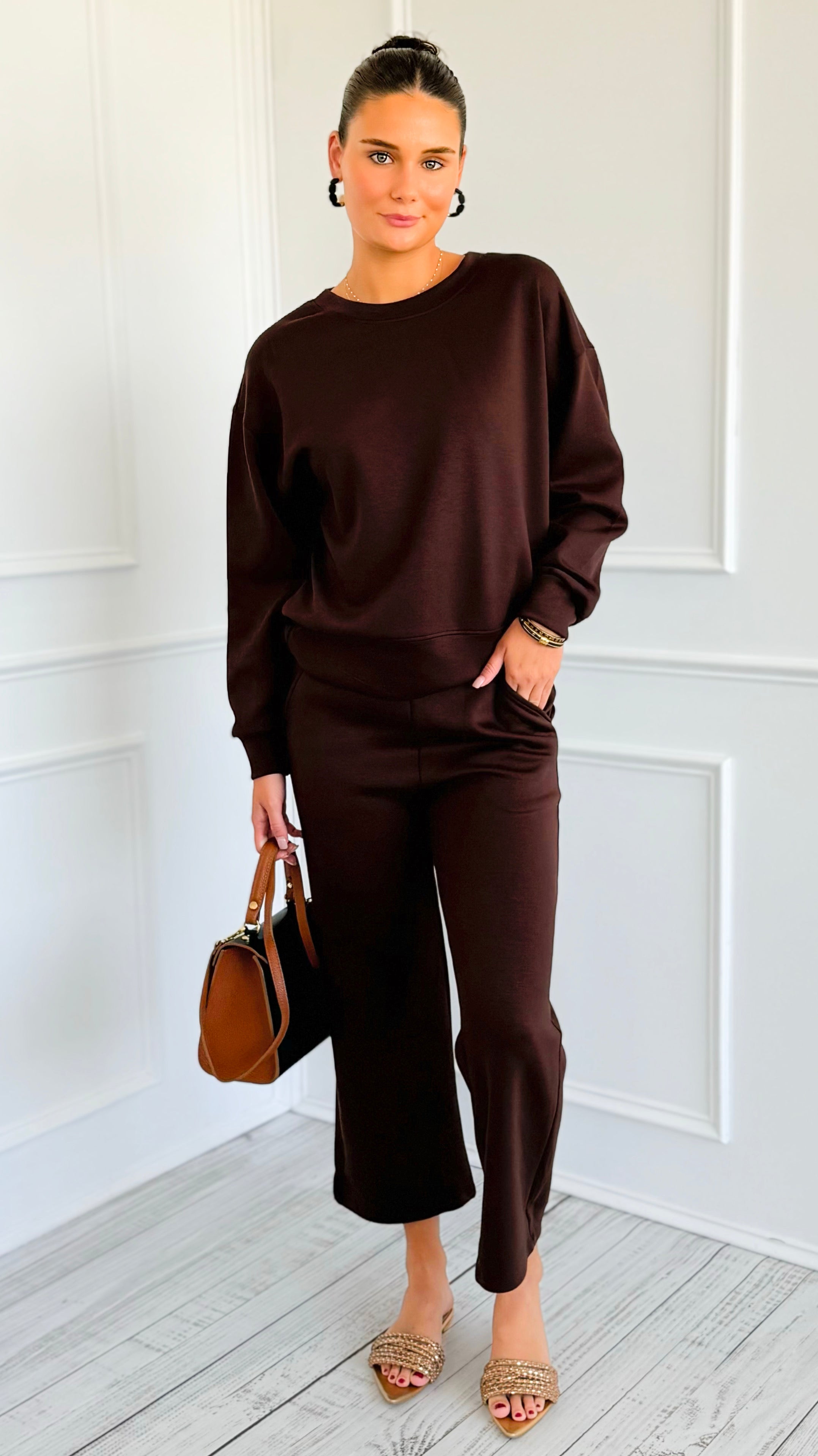 Weekender Ease Scuba 2pc Pant Set - Coffee-210 Loungewear/Sets-YELETE-Coastal Bloom Boutique, find the trendiest versions of the popular styles and looks Located in Indialantic, FL