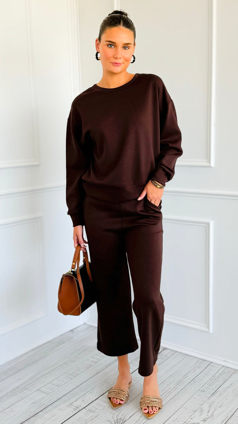 Weekender Ease Scuba 2pc Pant Set - Coffee-210 Loungewear/Sets-YELETE-Coastal Bloom Boutique, find the trendiest versions of the popular styles and looks Located in Indialantic, FL