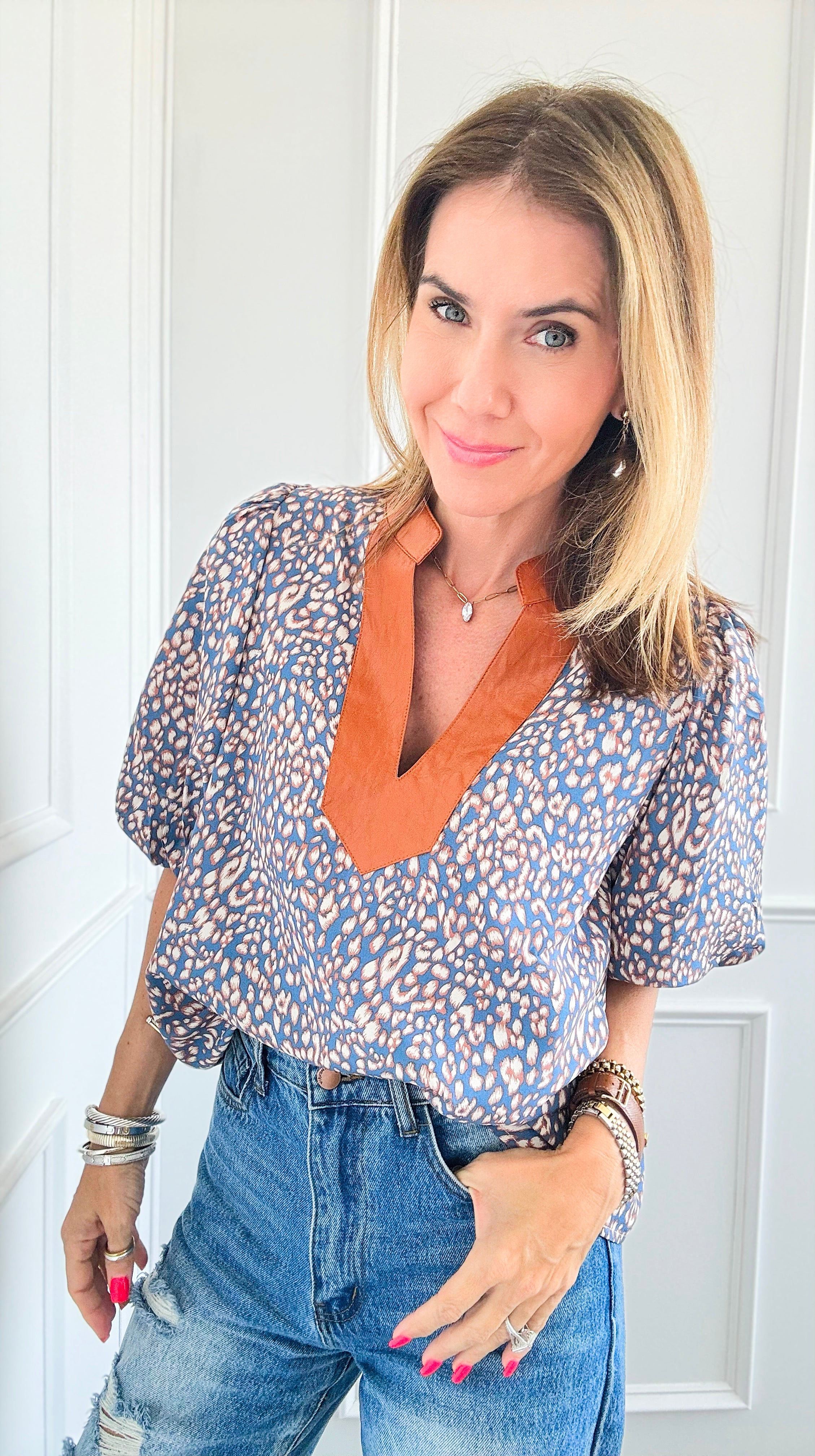 Blouse of Spotted with Puffed Sleeves-110 Short Sleeve Tops-THML-Coastal Bloom Boutique, find the trendiest versions of the popular styles and looks Located in Indialantic, FL