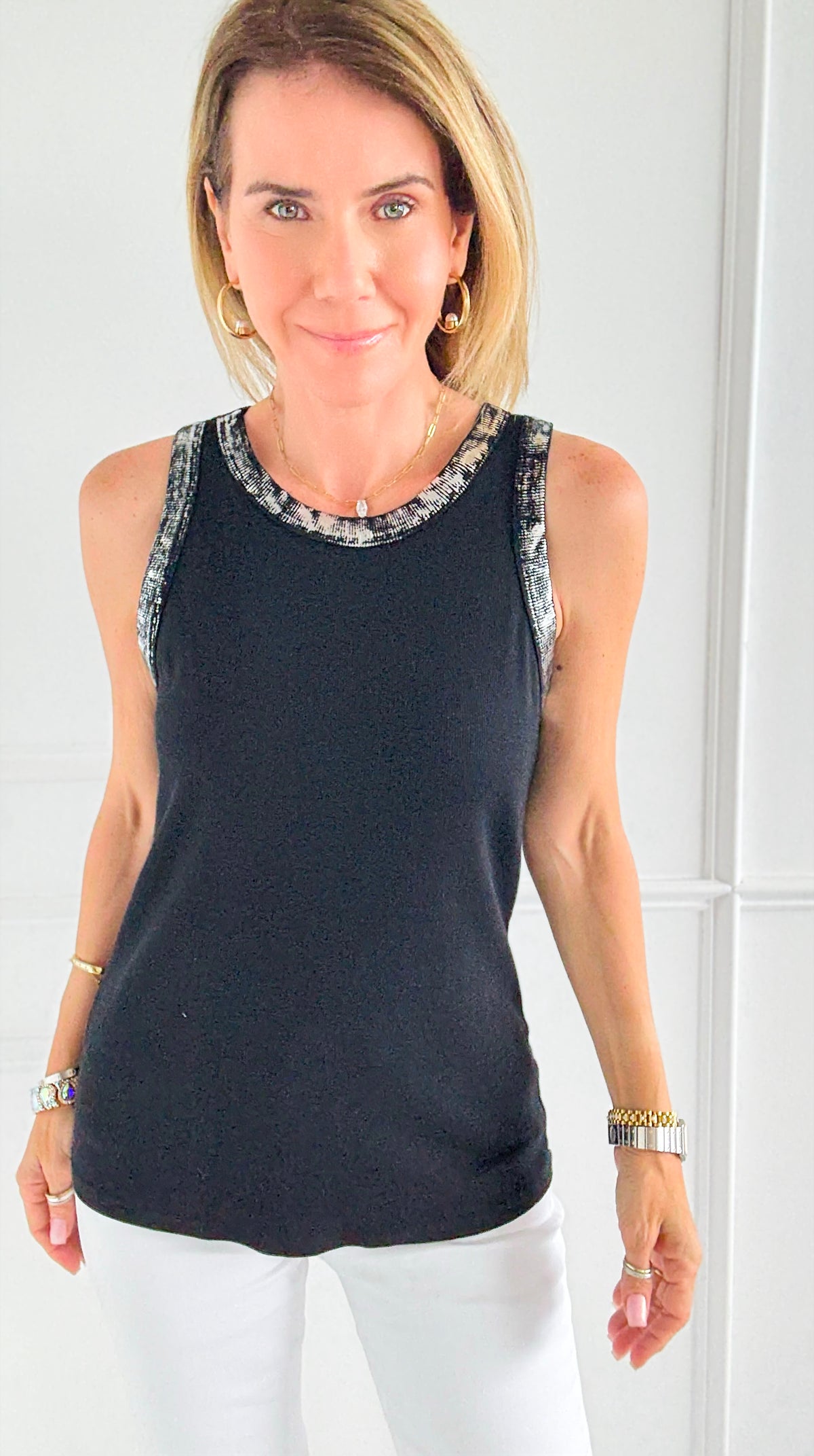 Metallic Foil Detailed Ribbed Italian Tank- Silver/Black-100 Sleeveless Tops-Italianissimo-Coastal Bloom Boutique, find the trendiest versions of the popular styles and looks Located in Indialantic, FL