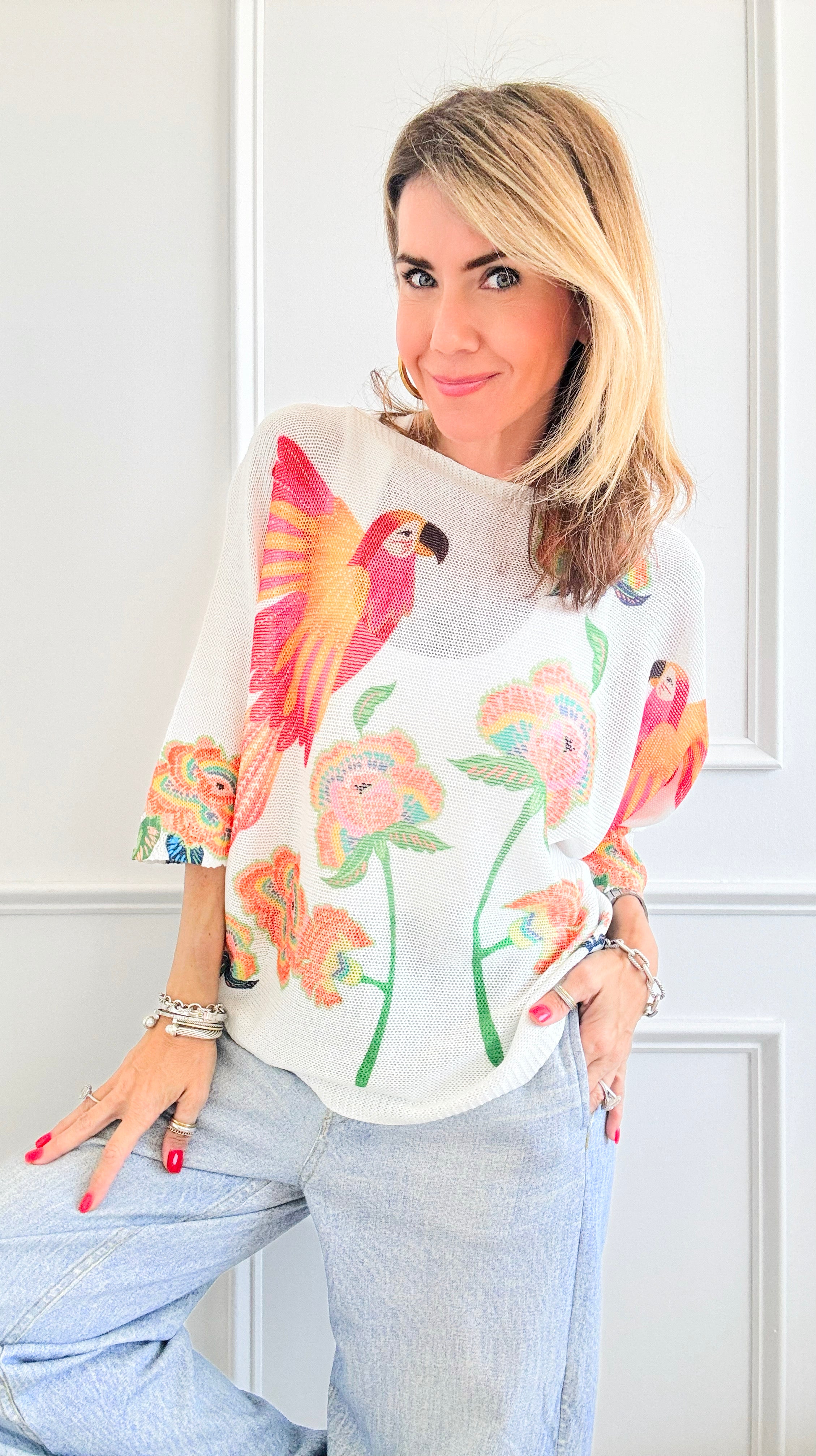 Feathered Flora Italian St Tropez - Orange White-140 Sweaters-Italianissimo-Coastal Bloom Boutique, find the trendiest versions of the popular styles and looks Located in Indialantic, FL