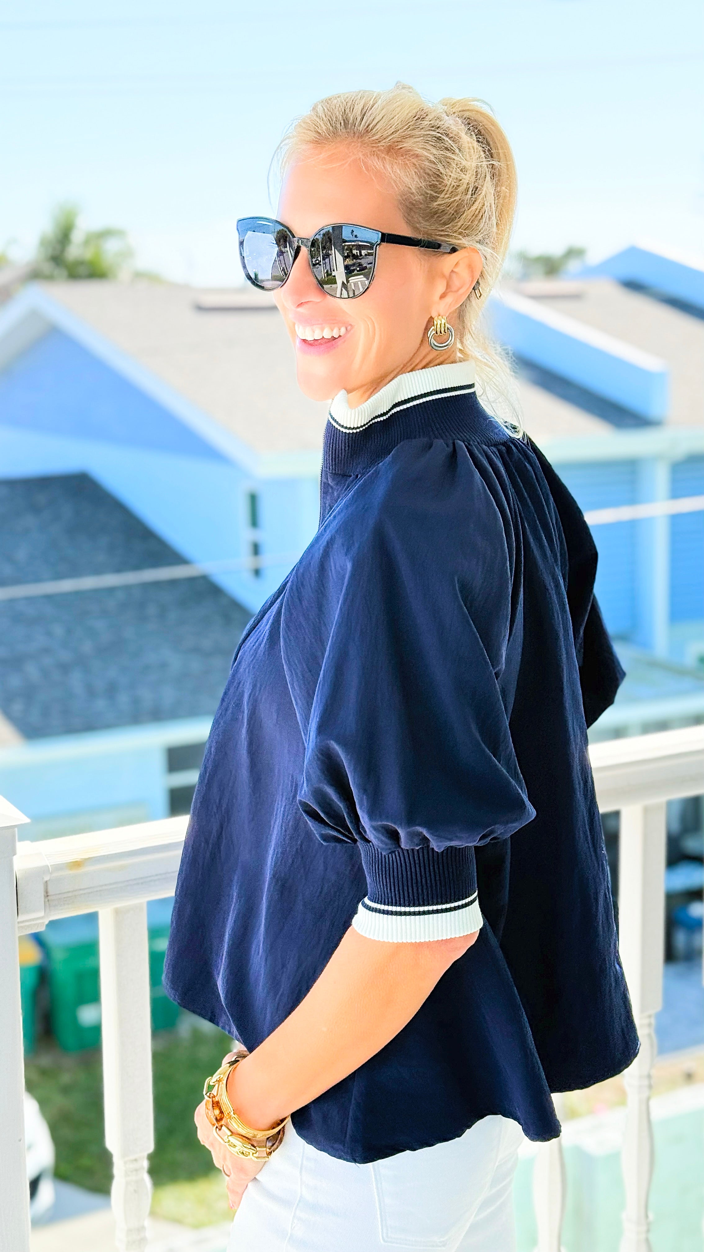 Polished Play Pinstripe Top - Navy