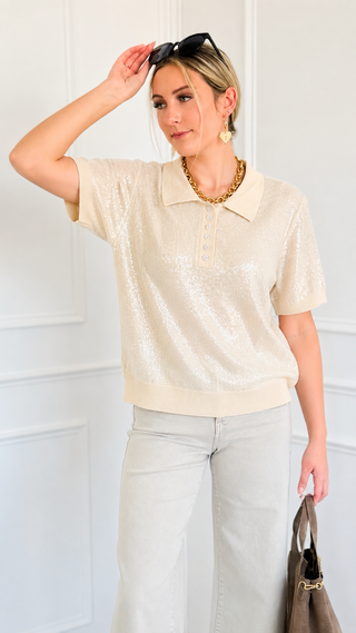 Sequin Knit Polo Top - Cream