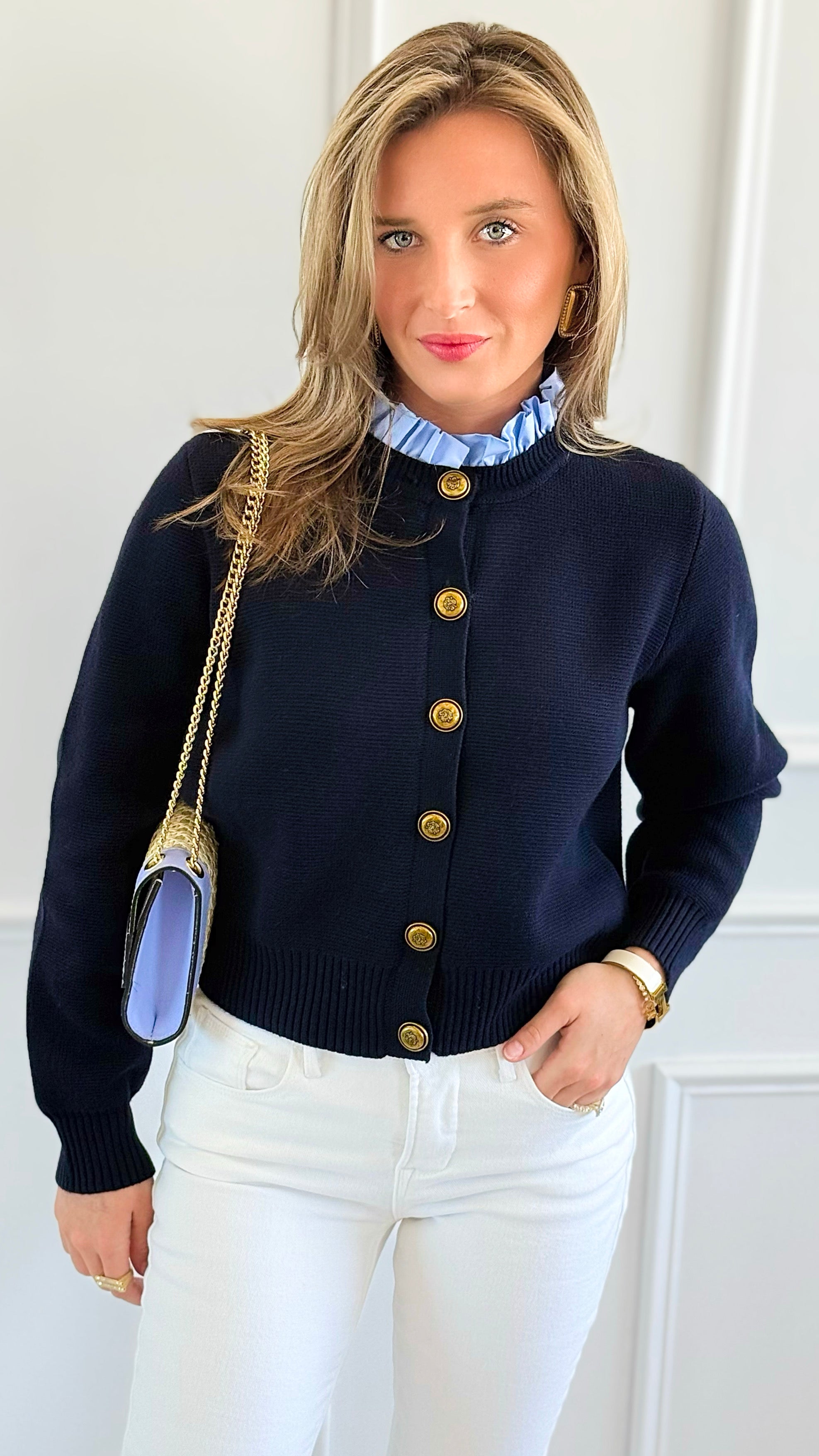 Chic Ruffle Button Down Cardigan-150 Cardigans/Layers-LALAVON-Coastal Bloom Boutique, find the trendiest versions of the popular styles and looks Located in Indialantic, FL