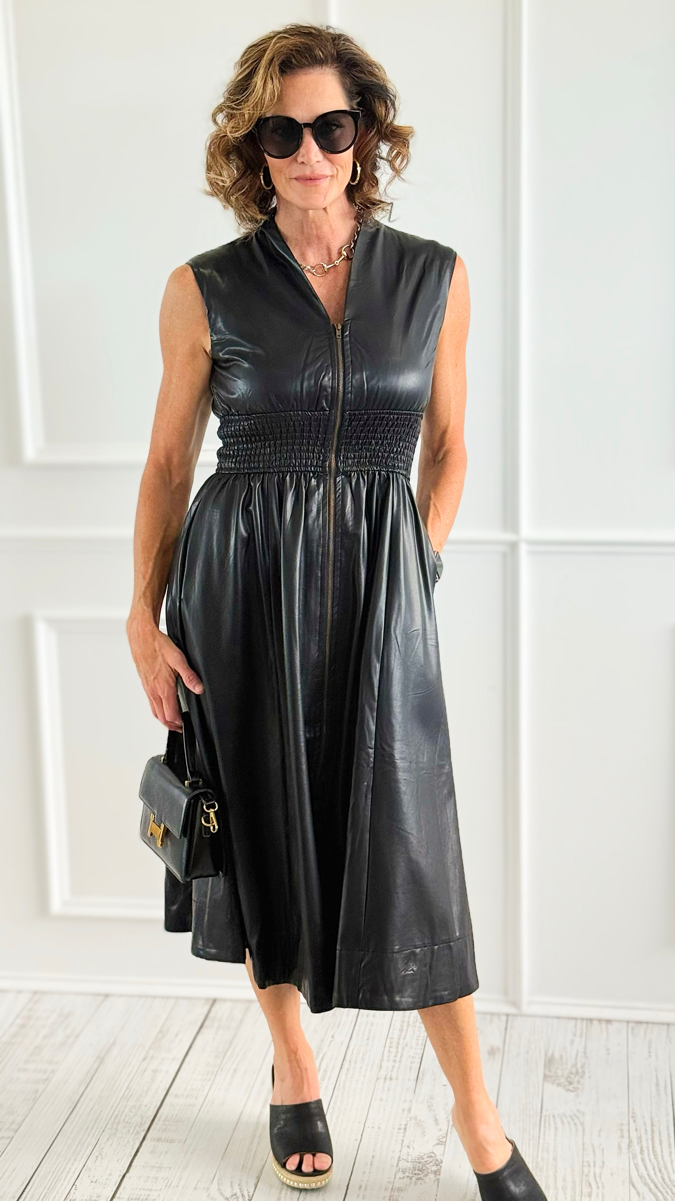 Power Play Faux Leather Midi Dress-200 Dresses/Jumpsuits/Rompers-entro-Coastal Bloom Boutique, find the trendiest versions of the popular styles and looks Located in Indialantic, FL