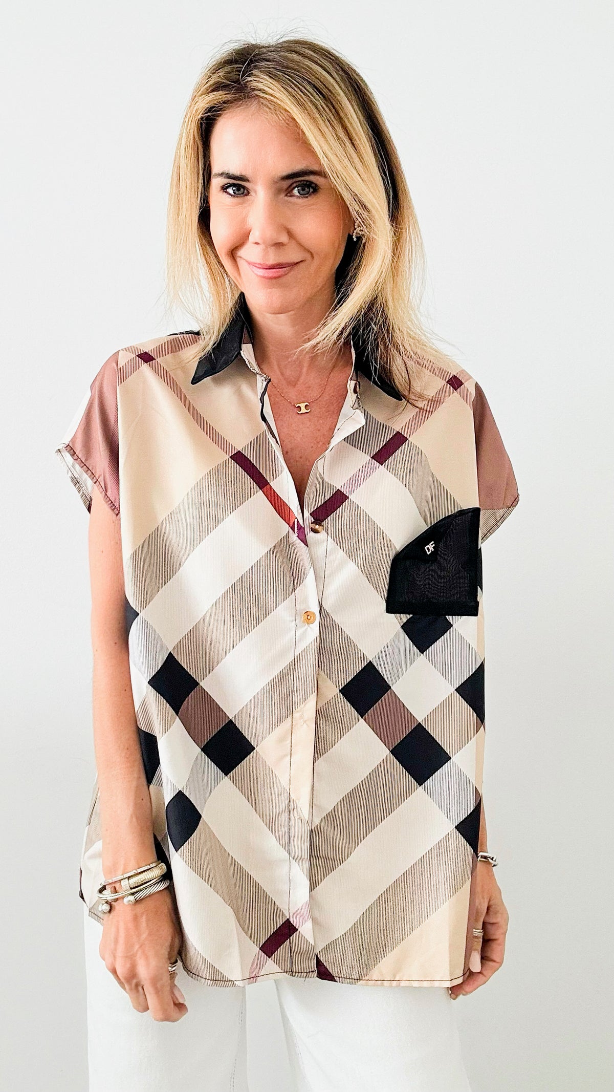 Elevated Plaid Short Sleeves Blouse-Beige-110 Short Sleeve Tops-Chasing Bandits-Coastal Bloom Boutique, find the trendiest versions of the popular styles and looks Located in Indialantic, FL
