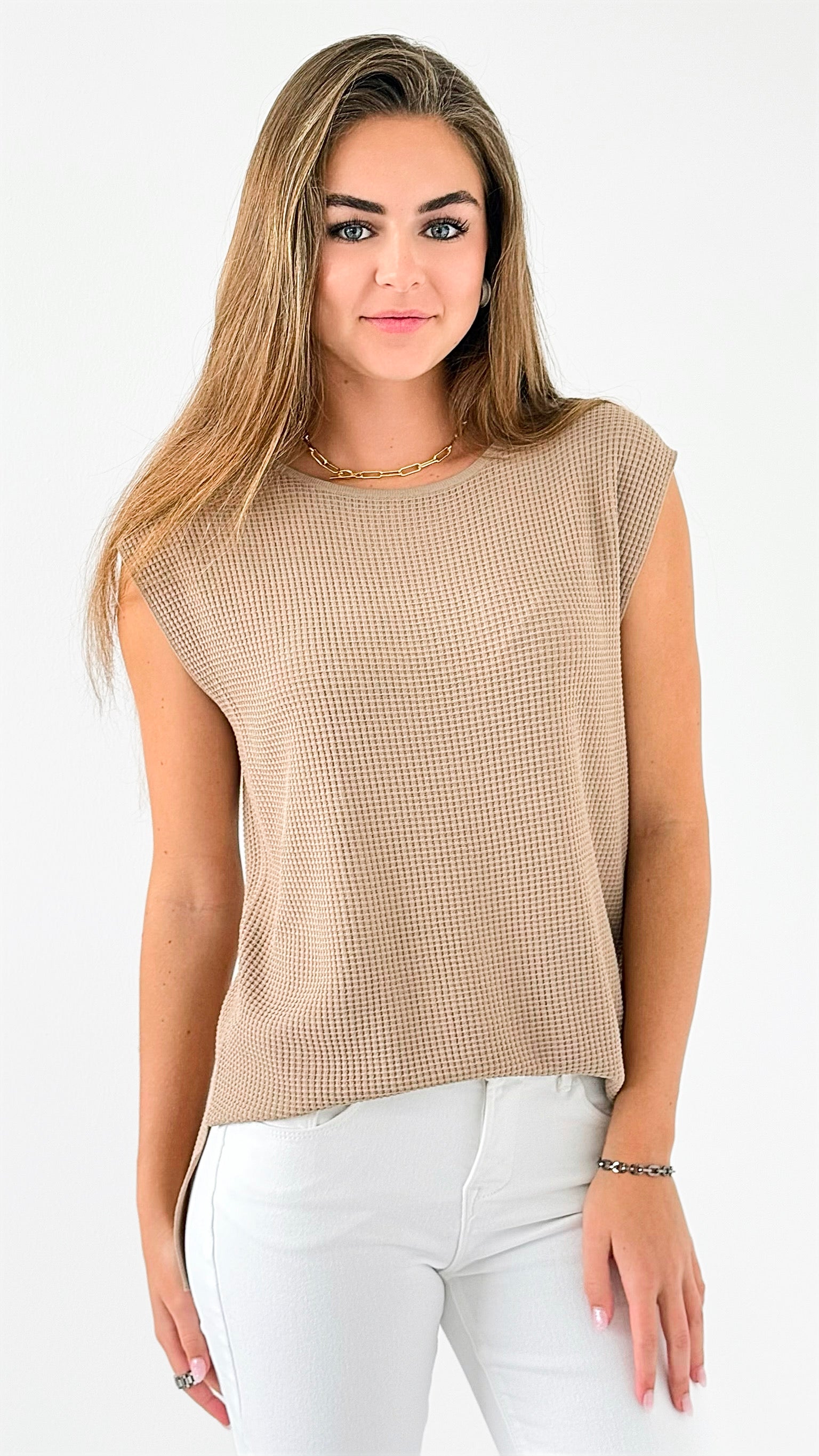 Hampton Waffle Sleeveless Top - Khaki-00 Sleevless Tops-original usa-Coastal Bloom Boutique, find the trendiest versions of the popular styles and looks Located in Indialantic, FL