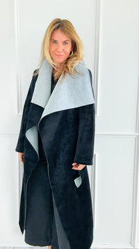 Two-Tone Wrap Belted Coat - Black-160 Jackets-V6-Coastal Bloom Boutique, find the trendiest versions of the popular styles and looks Located in Indialantic, FL
