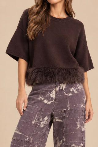 Fur Trim Knit Sweater - Brown