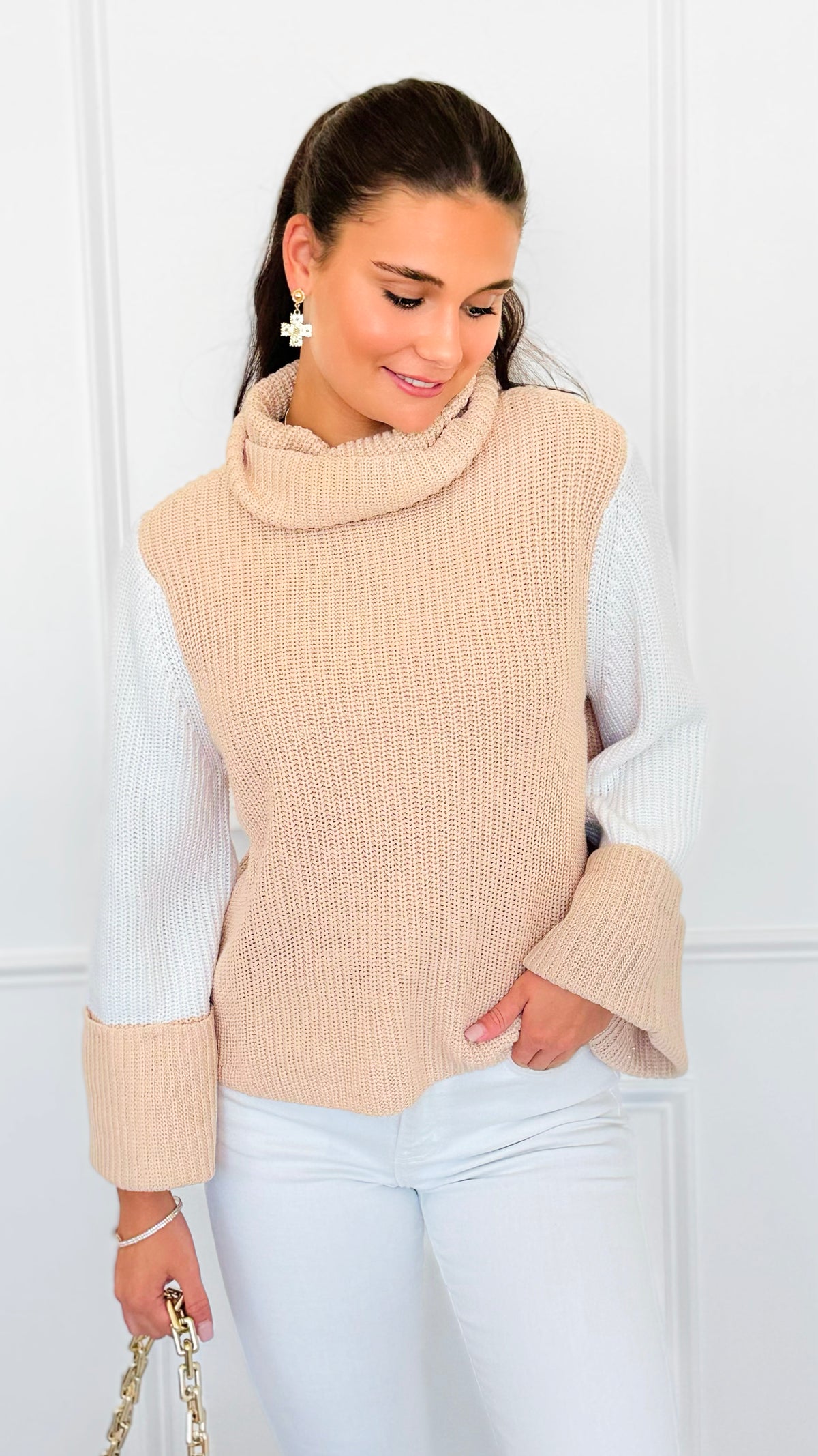 Two-Tone Turtleneck Flare Sleeve Sweater-140 Sweaters-ROUSSEAU-Coastal Bloom Boutique, find the trendiest versions of the popular styles and looks Located in Indialantic, FL