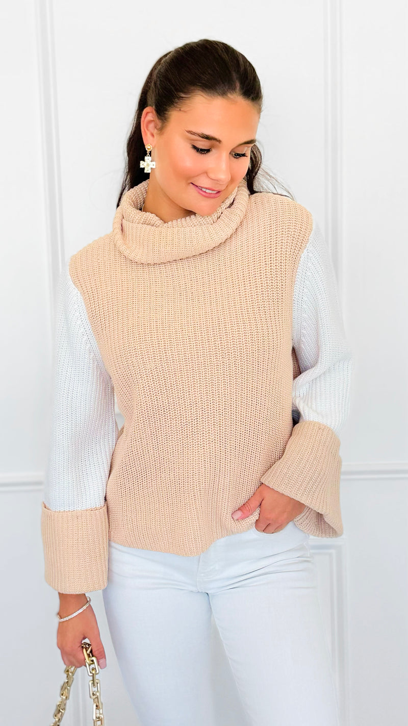 Two-Tone Turtleneck Flare Sleeve Sweater-140 Sweaters-ROUSSEAU-Coastal Bloom Boutique, find the trendiest versions of the popular styles and looks Located in Indialantic, FL