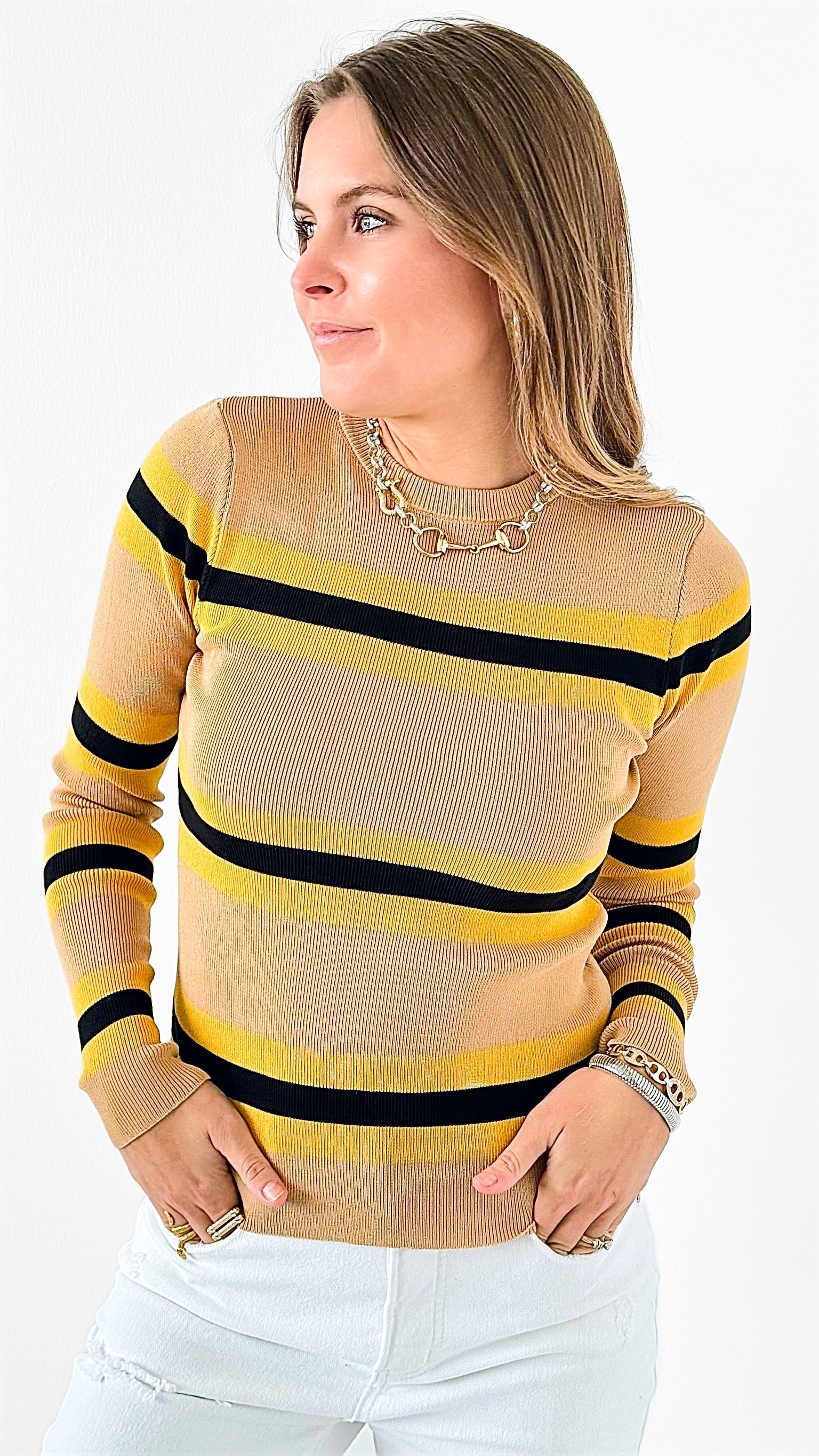 Striped Ribbed Sweatshirt-140 Sweaters-Itoo-Coastal Bloom Boutique, find the trendiest versions of the popular styles and looks Located in Indialantic, FL