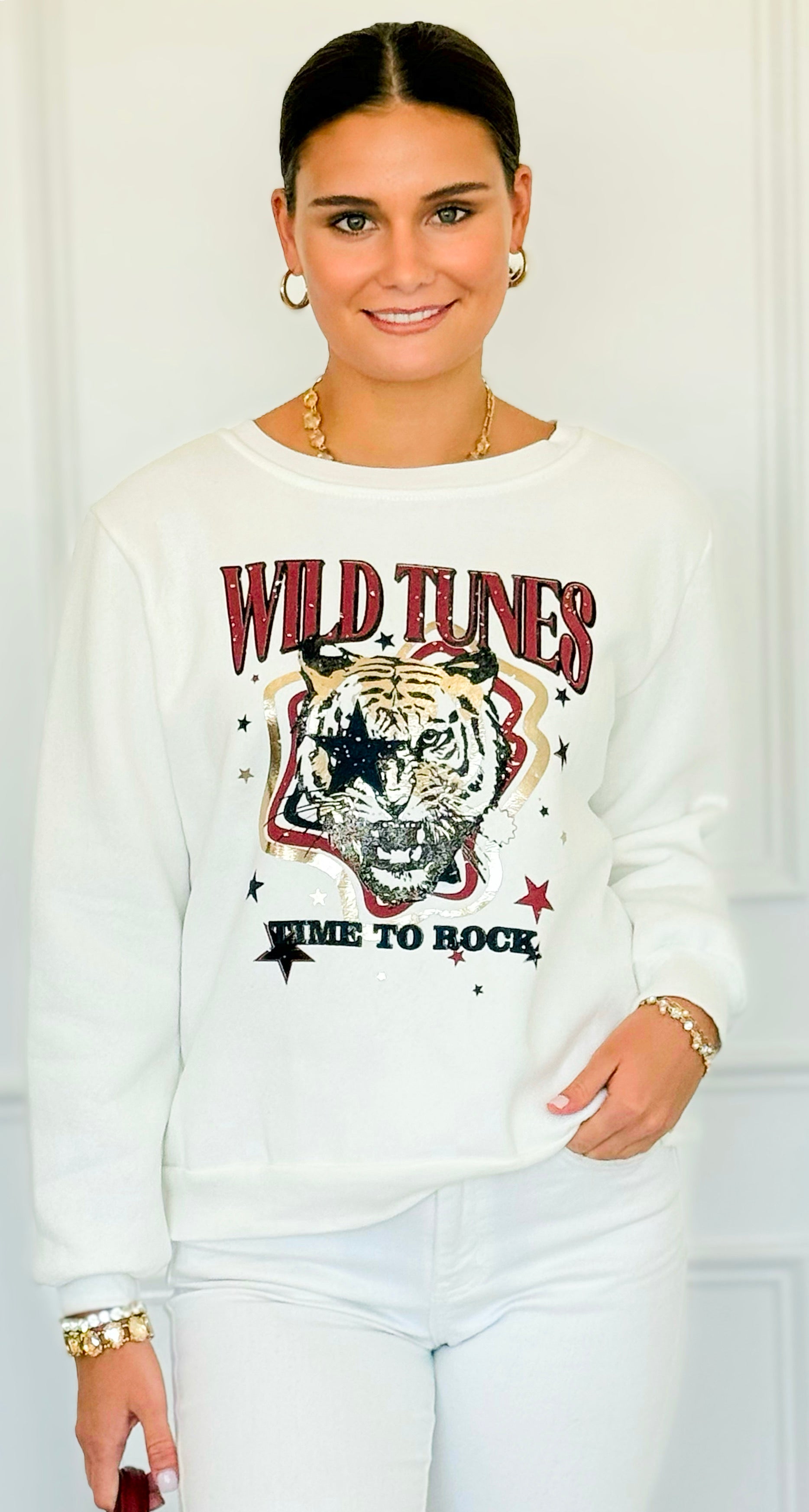 Wild Tunes Italian Fleece Sweatshirt-110 Long Sleeve Tops-Italianissimo-Coastal Bloom Boutique, find the trendiest versions of the popular styles and looks Located in Indialantic, FL
