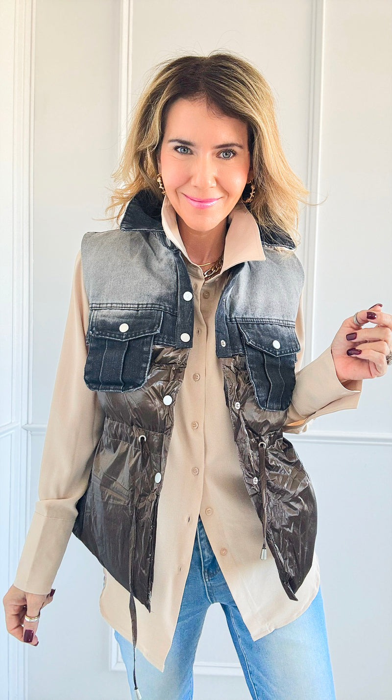 Contrast Denim Puffer Vest - Brown-150 Cardigans/Layers-Rousseau-Coastal Bloom Boutique, find the trendiest versions of the popular styles and looks Located in Indialantic, FL