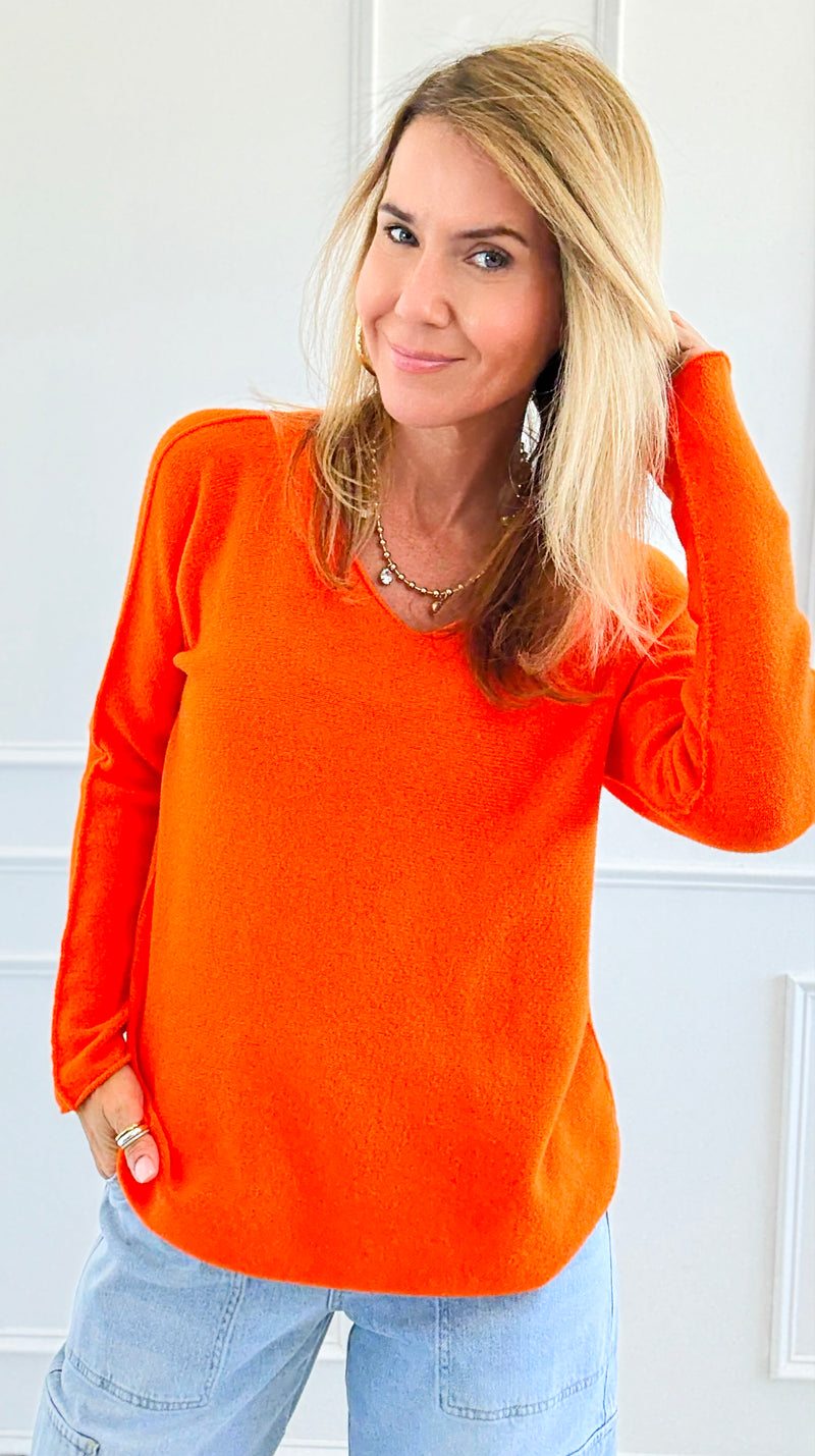 Soho Italian V-Neck Pullover - Orange-140 Sweaters-Italianissimo/ Max & D-Coastal Bloom Boutique, find the trendiest versions of the popular styles and looks Located in Indialantic, FL