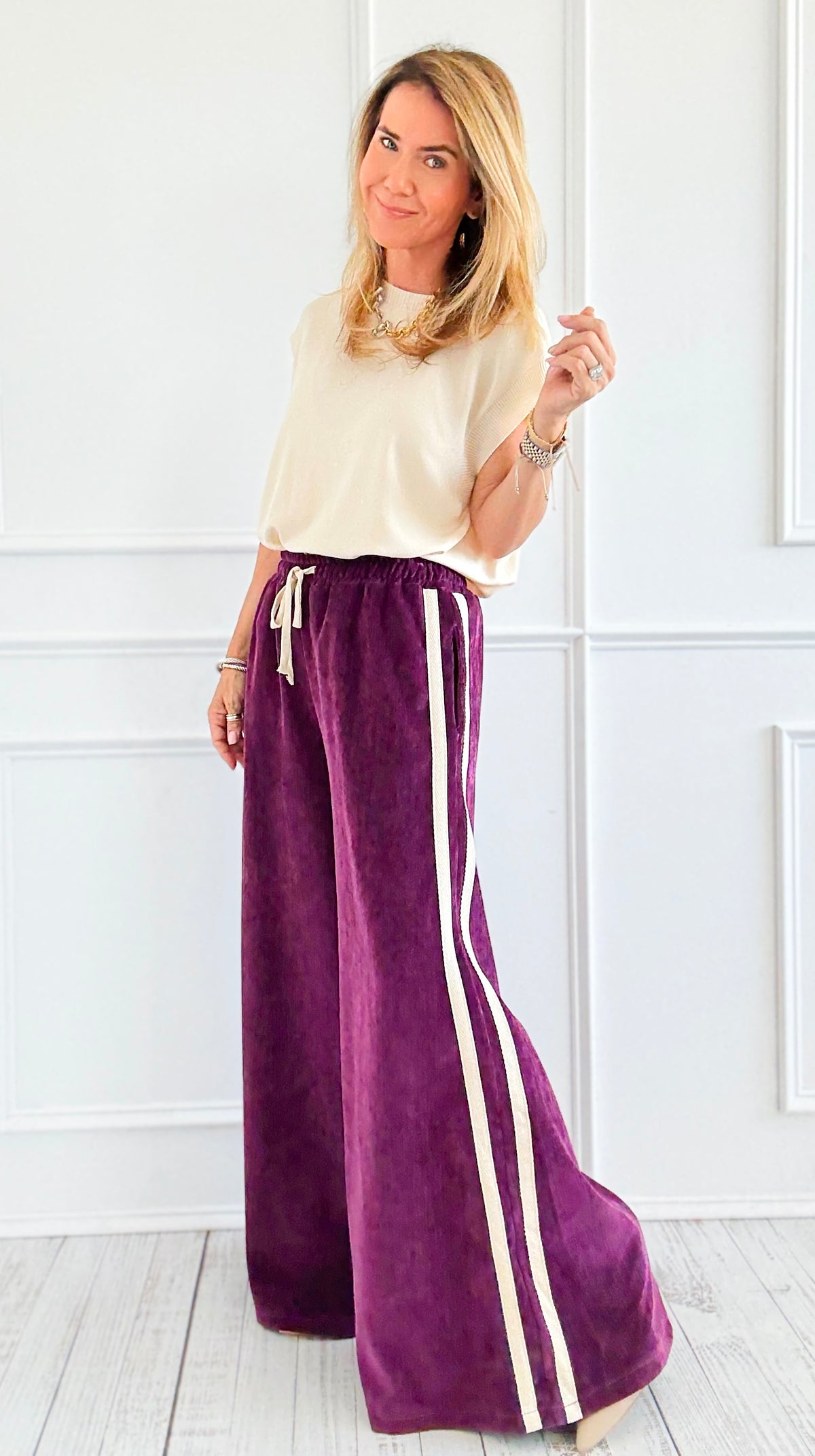 Tracked Threads Italian Palazzo- Plum-100 Pants-AZUL MONACO-Coastal Bloom Boutique, find the trendiest versions of the popular styles and looks Located in Indialantic, FL