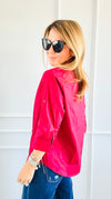Starfish Accent Half Sleeve Blouse- Red-130 Long Sleeve Tops-PASTEL DESIGN-Coastal Bloom Boutique, find the trendiest versions of the popular styles and looks Located in Indialantic, FL