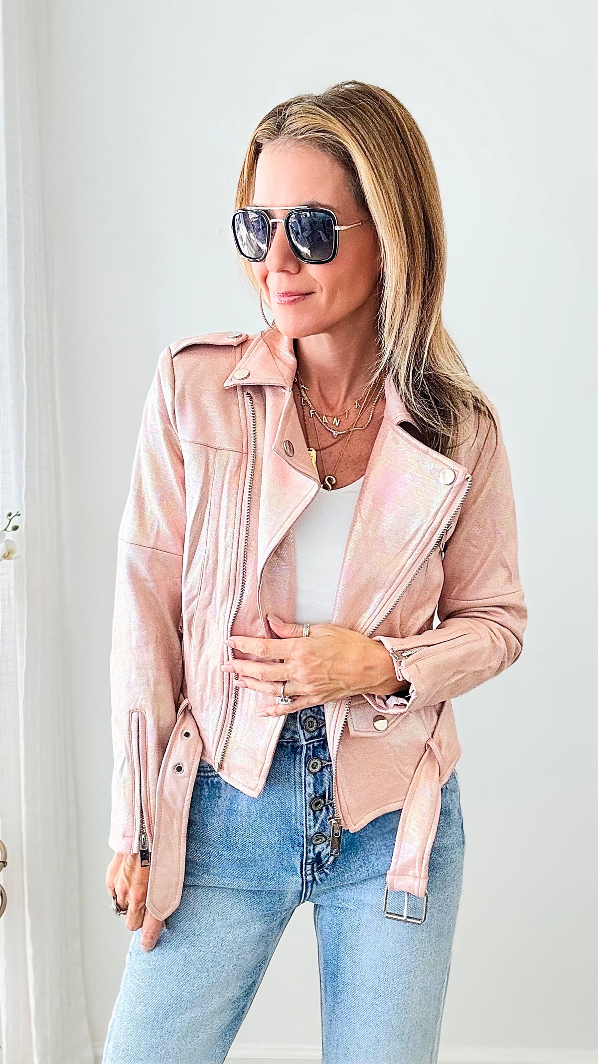 Pre Order - Holographic Metallic Jacket - Pink-160 Jackets-Michel-Coastal Bloom Boutique, find the trendiest versions of the popular styles and looks Located in Indialantic, FL