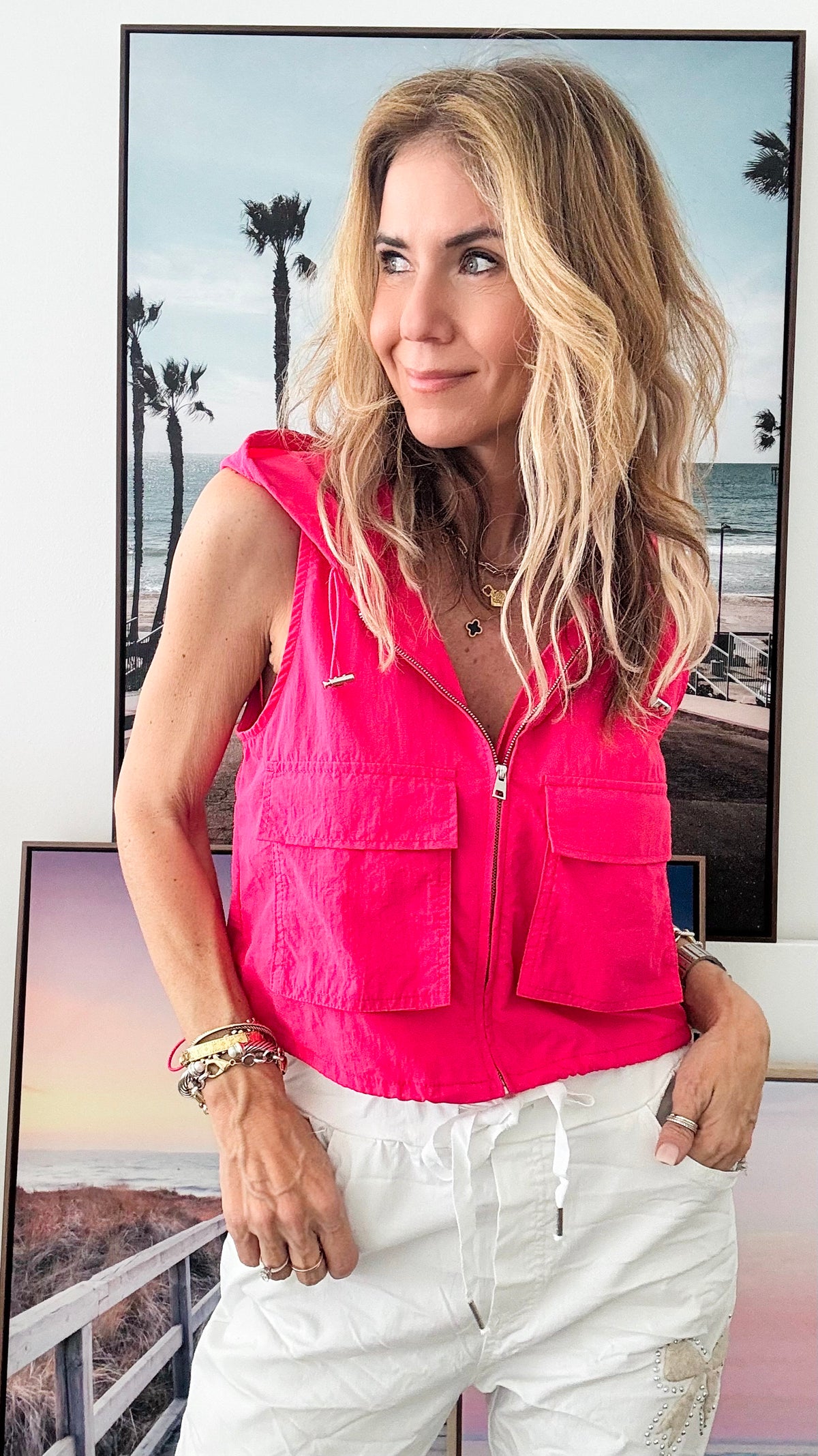 Hooded Cargo Vest - Fuchsia-160 Jackets-Love Tree Fashion-Coastal Bloom Boutique, find the trendiest versions of the popular styles and looks Located in Indialantic, FL