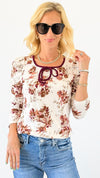 Floral Puff Sleeve Tie Neck Top-130 Long Sleeve Tops-DOE AND RAE-Coastal Bloom Boutique, find the trendiest versions of the popular styles and looks Located in Indialantic, FL