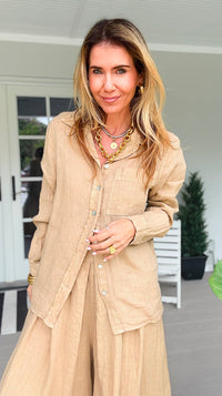 Tuscany Linen Italian Button Top- Light Camel