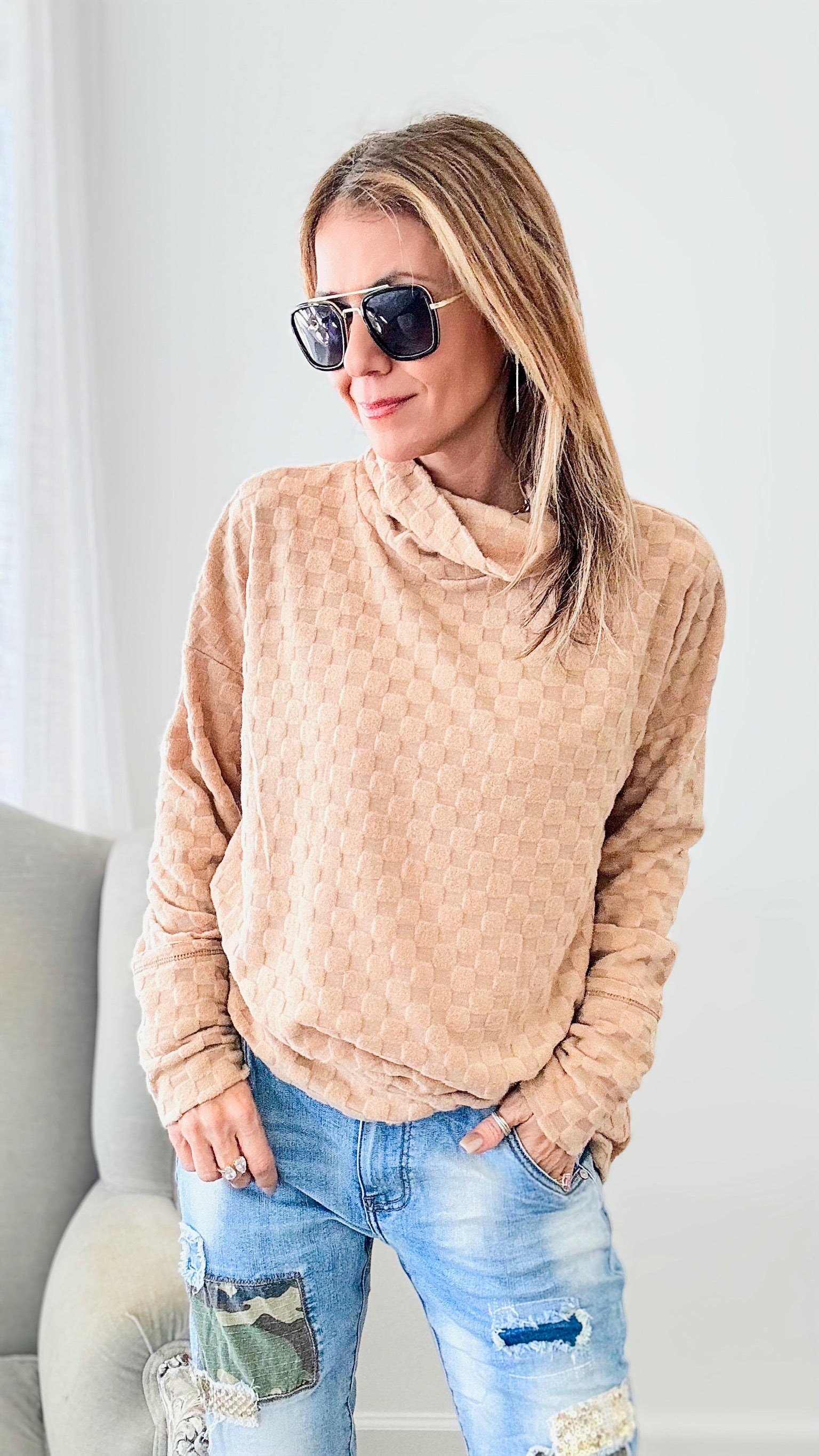 Brushed Checker Turtleneck - Taupe-130 Long Sleeve Tops-BIBI-Coastal Bloom Boutique, find the trendiest versions of the popular styles and looks Located in Indialantic, FL