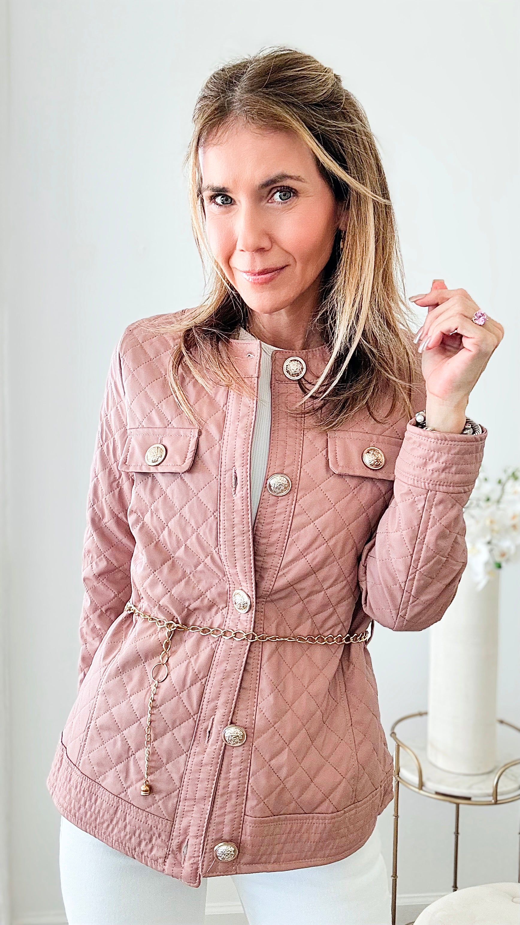Quilted Faux Leather Chain Belt Jacket - Dusty Mauve-160 Jackets-ShopIrisBasic-Coastal Bloom Boutique, find the trendiest versions of the popular styles and looks Located in Indialantic, FL