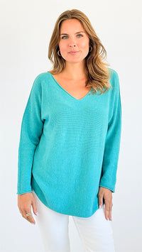 Soho Italian V-Neck Pullover - Turquoise-140 Sweaters-Italianissimo-Coastal Bloom Boutique, find the trendiest versions of the popular styles and looks Located in Indialantic, FL