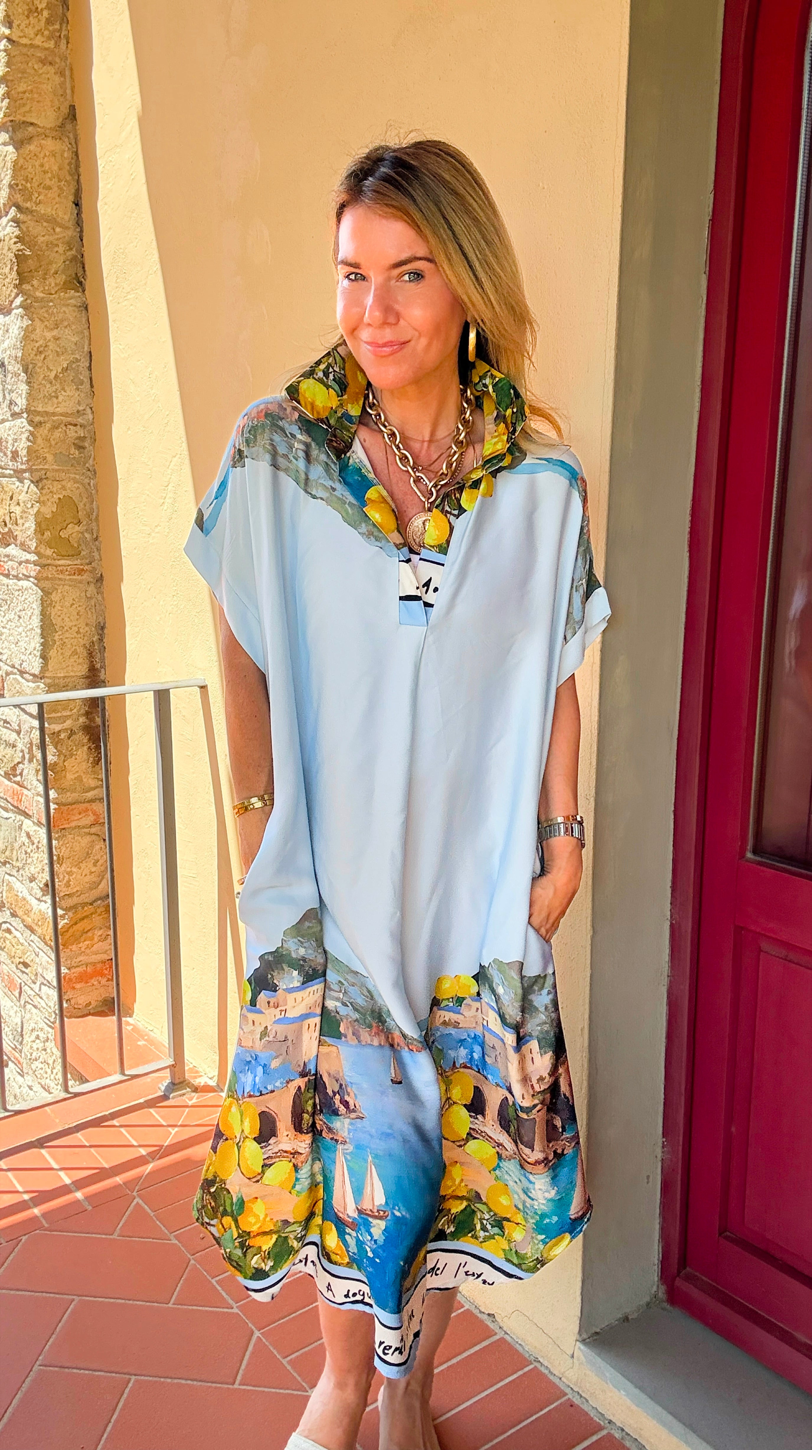 midi dress with lemons Vestido Midi Daily Squeeze Striped Lemon - Azul/Combinado