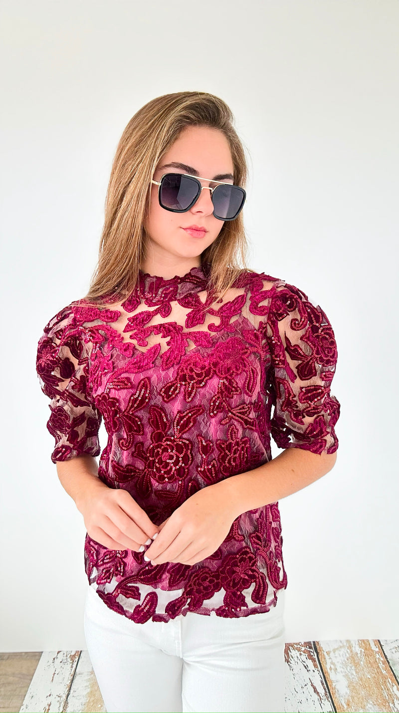 Sheer Lace Top- Burgundy-110 Short Sleeve Tops-pastel design-Coastal Bloom Boutique, find the trendiest versions of the popular styles and looks Located in Indialantic, FL