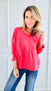 Metallic Foil Detailed Comfort Italian Pullover- Coral/Gold-140 Sweaters-Italianissimo-Coastal Bloom Boutique, find the trendiest versions of the popular styles and looks Located in Indialantic, FL