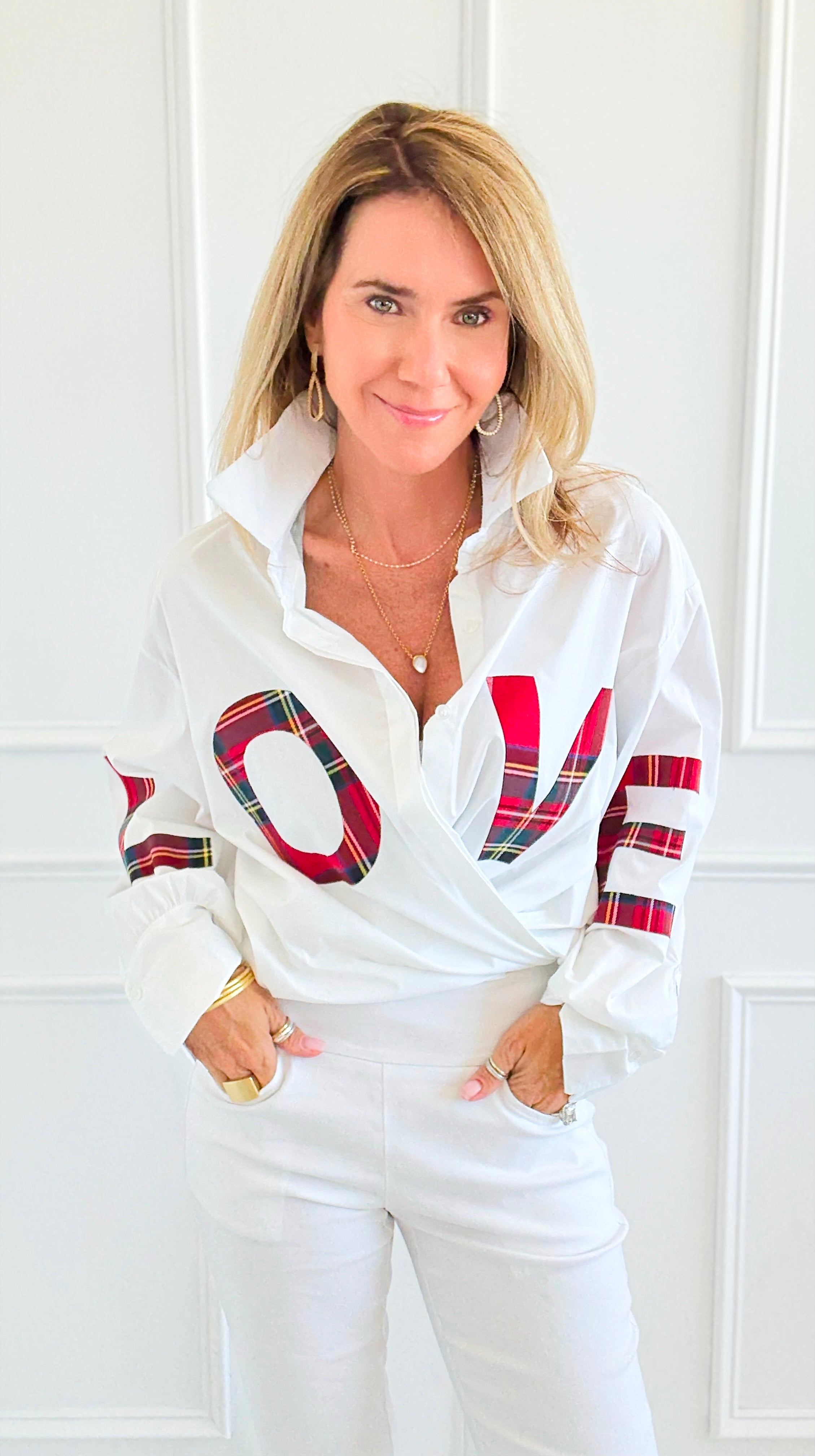 Tartan Love Italian Blouse-110 Long Sleeve Tops-TATTOO Z-Coastal Bloom Boutique, find the trendiest versions of the popular styles and looks Located in Indialantic, FL