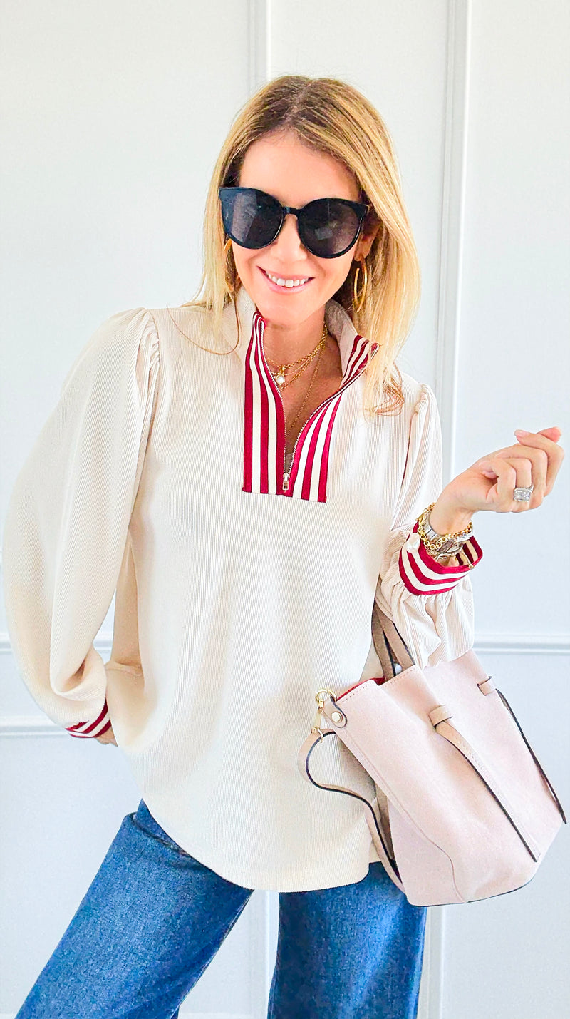 Crimson Trim Statement Top-110 Long Sleeve Tops-JODIFL-Coastal Bloom Boutique, find the trendiest versions of the popular styles and looks Located in Indialantic, FL