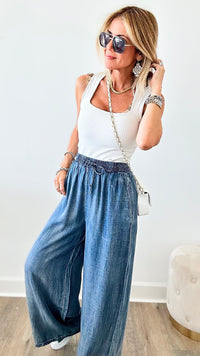 Mineral Washed Chambray Wide Pants-170 Bottoms-EASEL-Coastal Bloom Boutique, find the trendiest versions of the popular styles and looks Located in Indialantic, FL