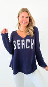"Beach" Lightweight Knit V Neck - Navy/White-140 Sweaters-Miracle-Coastal Bloom Boutique, find the trendiest versions of the popular styles and looks Located in Indialantic, FL