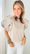 Glossy Floral Puff Sleeve Ribbed Blouse-130 Long Sleeve Tops-T H M L-Coastal Bloom Boutique, find the trendiest versions of the popular styles and looks Located in Indialantic, FL