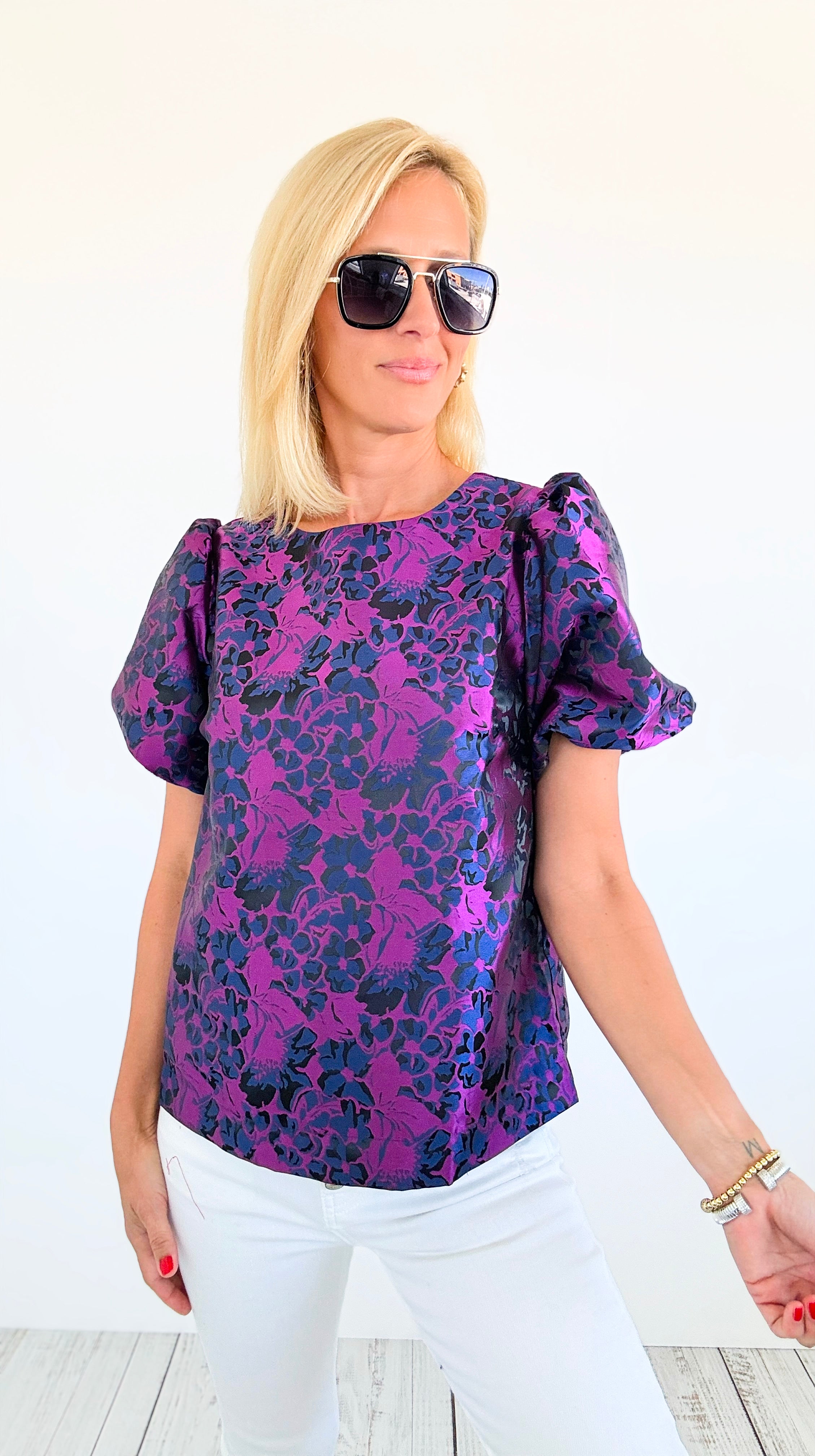 Nocturnal Garden Puff Sleeve Top-110 Short Sleeve Tops-SUGARLIPS-Coastal Bloom Boutique, find the trendiest versions of the popular styles and looks Located in Indialantic, FL