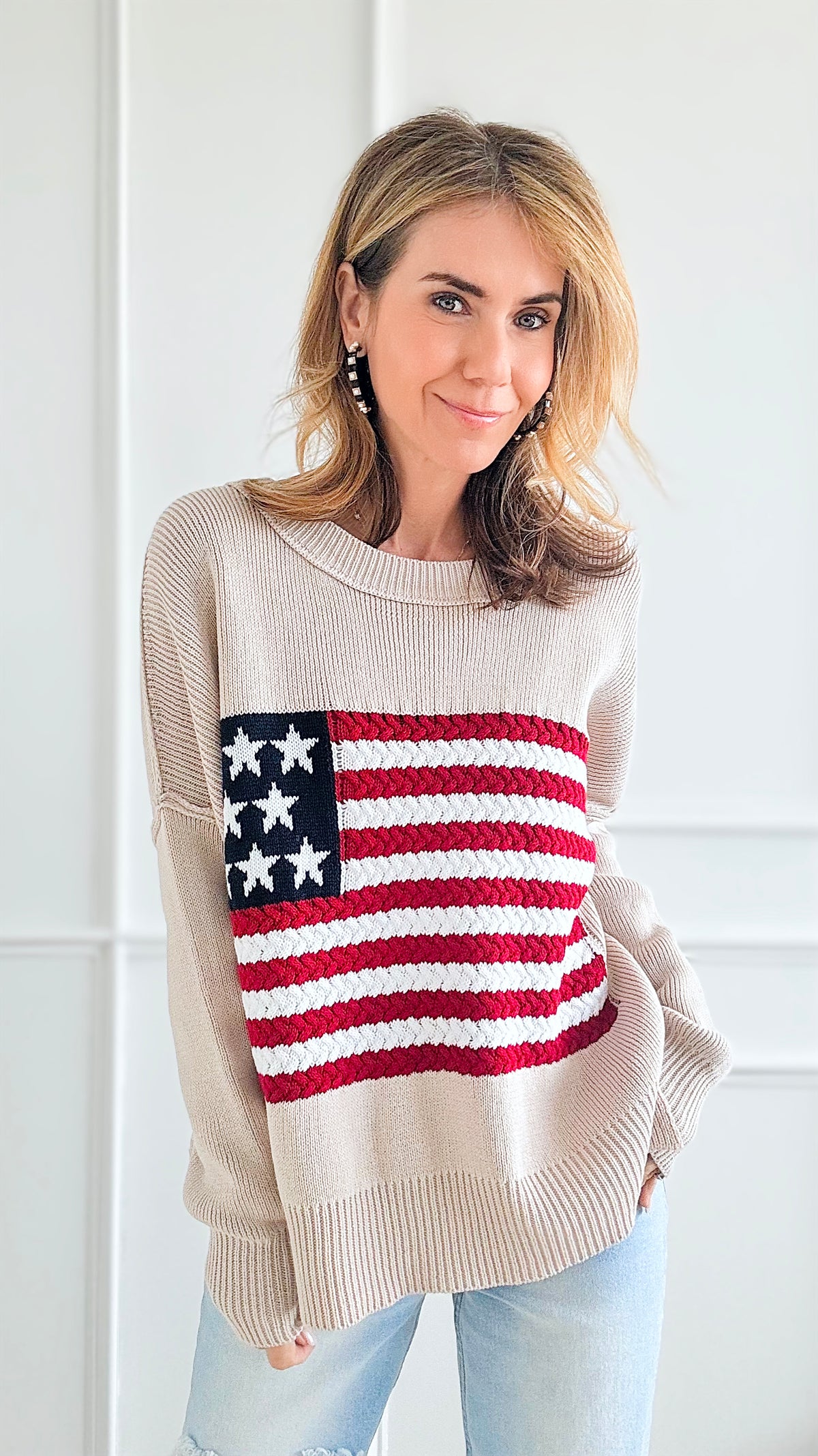 Flag Cable Knit Top - Beige-140 Sweaters-Miracle-Coastal Bloom Boutique, find the trendiest versions of the popular styles and looks Located in Indialantic, FL