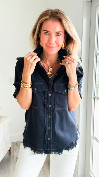 Linen Ruffle Button-Up Shirt - Dark Navy