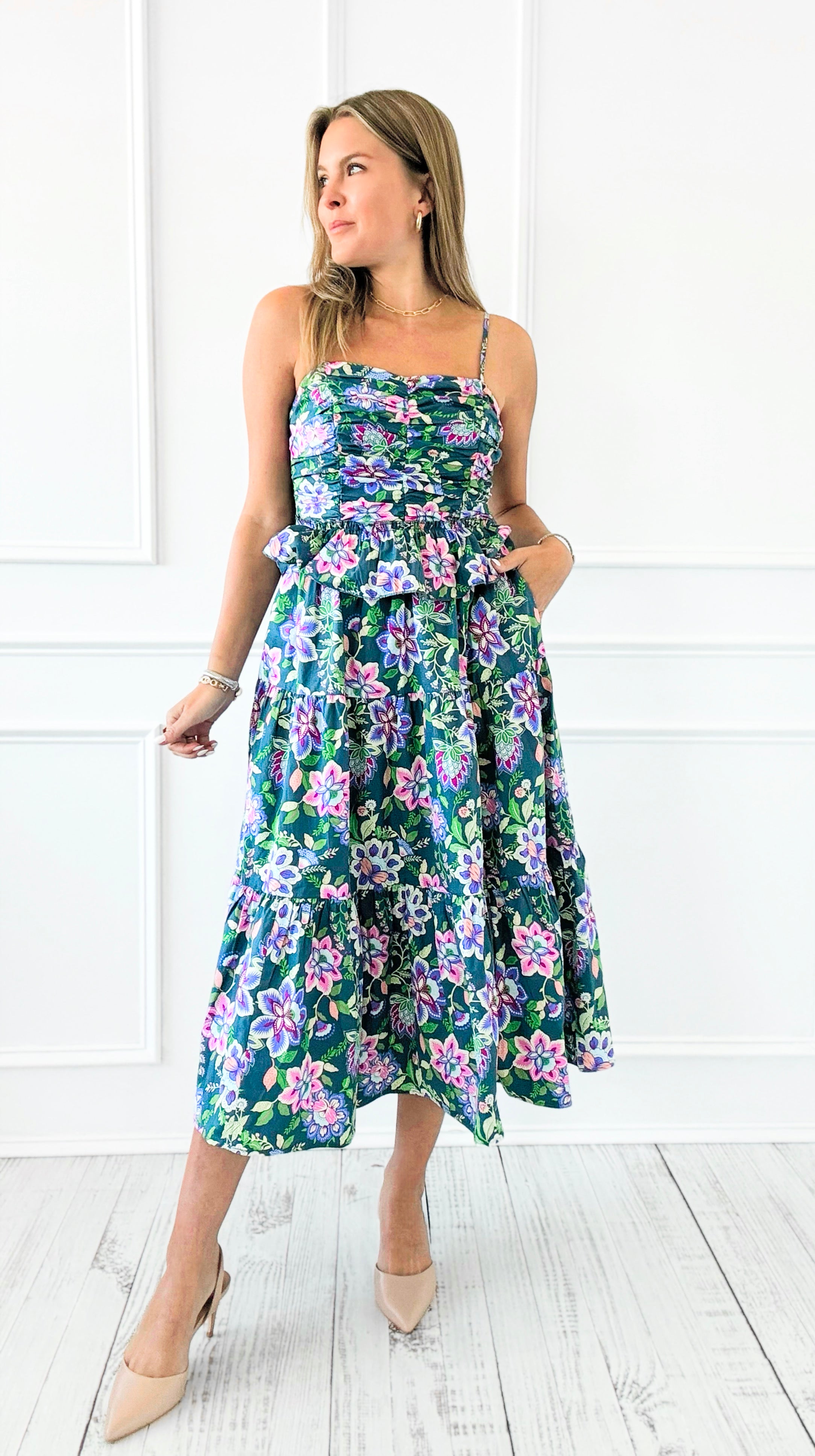 Garden Muse Smocked Floral Midi Dress-200 Dresses/Jumpsuits/Rompers-listicle-Coastal Bloom Boutique, find the trendiest versions of the popular styles and looks Located in Indialantic, FL