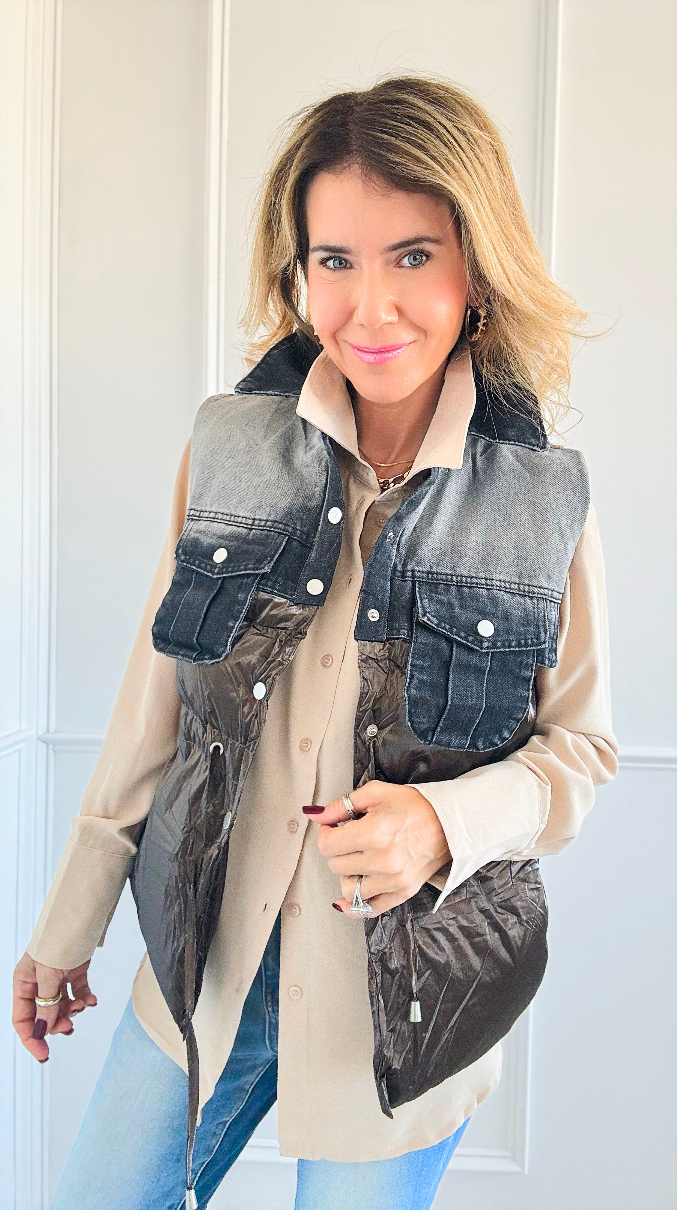 Contrast Denim Puffer Vest - Brown-150 Cardigans/Layers-Rousseau-Coastal Bloom Boutique, find the trendiest versions of the popular styles and looks Located in Indialantic, FL