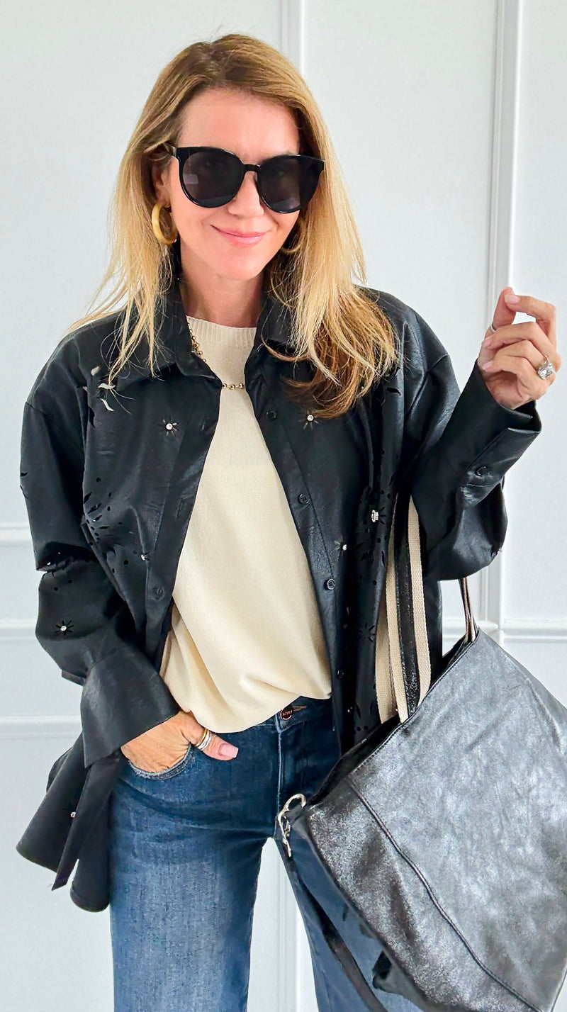 Ember Etch Italian Faux Leather Top-110 Long Sleeve Tops-TATTOO Z-Coastal Bloom Boutique, find the trendiest versions of the popular styles and looks Located in Indialantic, FL