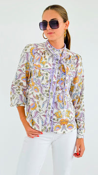 Floral Print Bow Detailed Blouse-130 Long Sleeve Tops-Fate By LFD-Coastal Bloom Boutique, find the trendiest versions of the popular styles and looks Located in Indialantic, FL