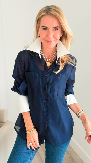 Sheer Petal Contrast Italian Button-Up- Navy