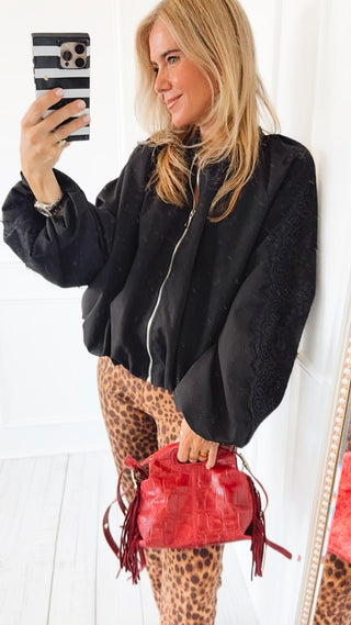 Grace in Lace Italian Zip Jacket- Black