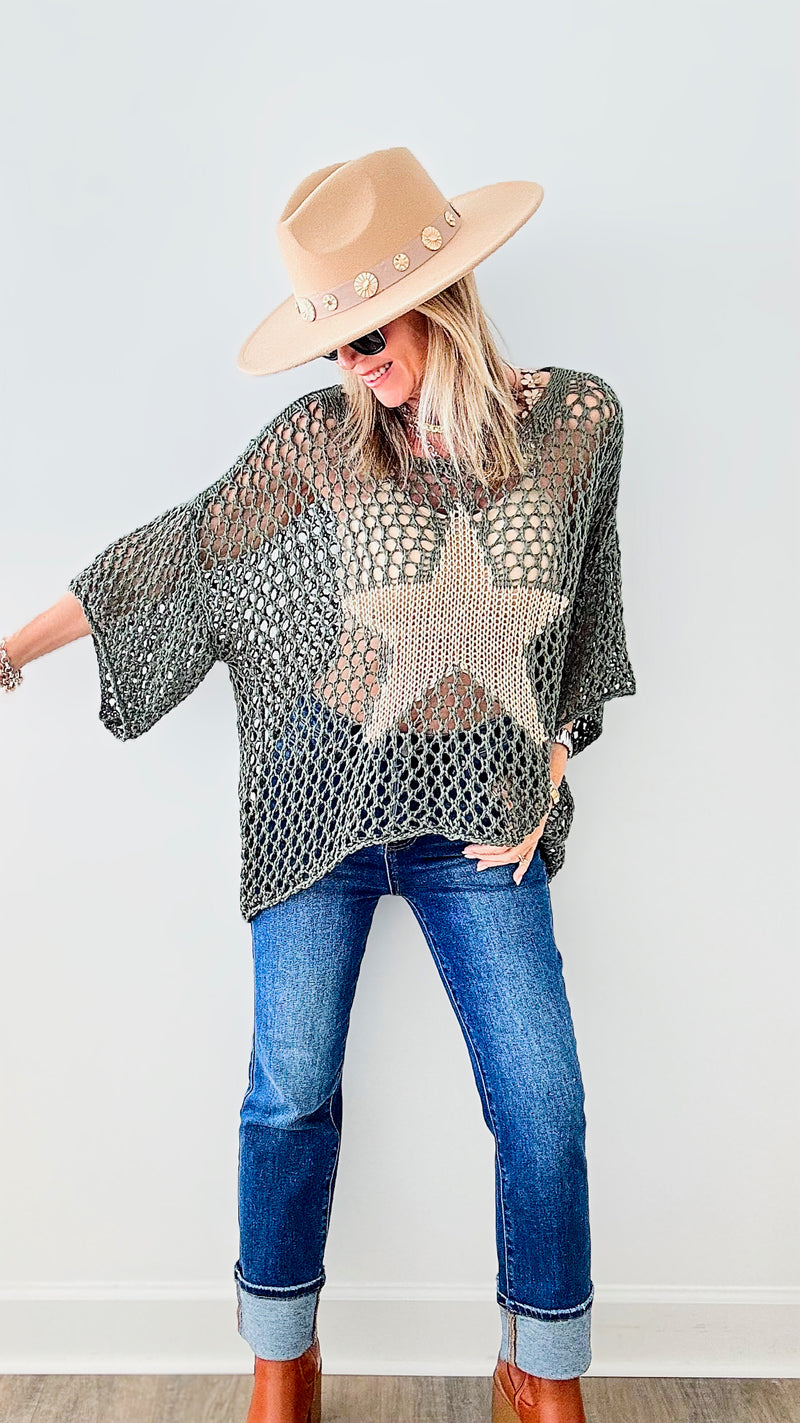 Metallic Star Italian Chain Sweater - Army Green/Gold-140 Sweaters-Germany-Coastal Bloom Boutique, find the trendiest versions of the popular styles and looks Located in Indialantic, FL