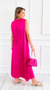 Satin V-Neck Italian Sleeveless Dress- Fuchsia-200 Dresses/Jumpsuits/Rompers-SEPTIMO-Coastal Bloom Boutique, find the trendiest versions of the popular styles and looks Located in Indialantic, FL