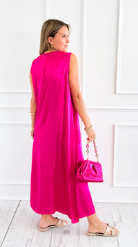 Satin V-Neck Italian Sleeveless Dress- Fuchsia-200 Dresses/Jumpsuits/Rompers-SEPTIMO-Coastal Bloom Boutique, find the trendiest versions of the popular styles and looks Located in Indialantic, FL