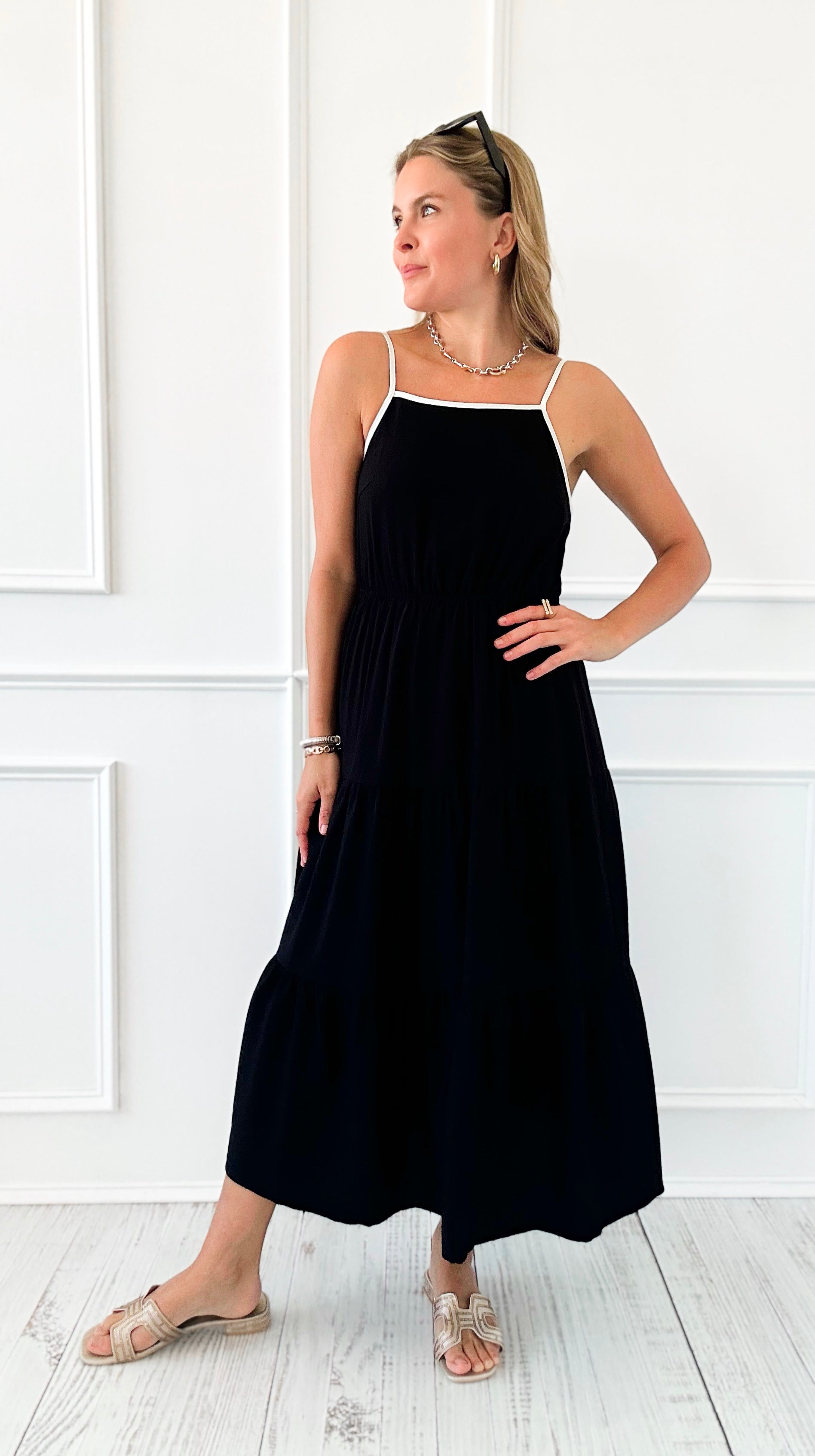 Back Tie Tiered Midi Dress-Black-200 Dresses/Jumpsuits/Rompers-Blu Pepper-Coastal Bloom Boutique, find the trendiest versions of the popular styles and looks Located in Indialantic, FL