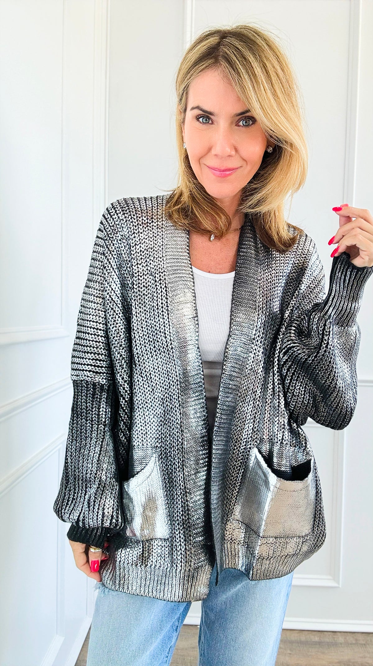 Mirrored Metallic Sugar High Italian Cardigan- Black/Silver-150 Cardigan Layers-Italianissimo-Coastal Bloom Boutique, find the trendiest versions of the popular styles and looks Located in Indialantic, FL